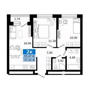 2-к квартира, строящийся дом, 57м2, 2/23 этаж