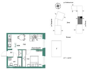 2-к квартира, строящийся дом, 37м2, 3/24 этаж