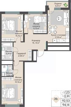 3-к квартира, строящийся дом, 93м2, 29/31 этаж