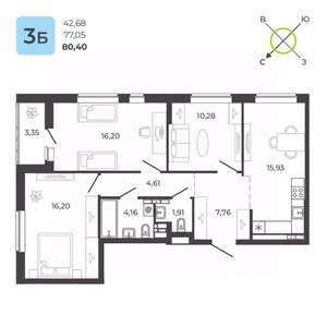 3-к квартира, вторичка, 79м2, 4/16 этаж