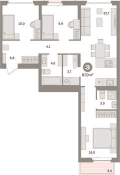3-к квартира, вторичка, 87м2, 6/9 этаж
