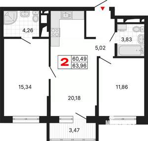 2-к квартира, вторичка, 64м2, 6/25 этаж