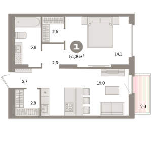 1-к квартира, вторичка, 52м2, 4/16 этаж