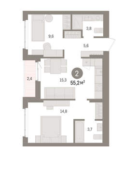2-к квартира, вторичка, 55м2, 4/16 этаж