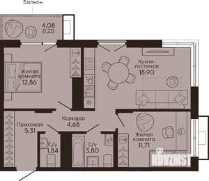 2-к квартира, вторичка, 60м2, 8/18 этаж