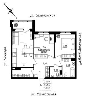 2-к квартира, строящийся дом, 58м2, 15/25 этаж