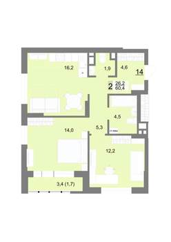 2-к квартира, вторичка, 60м2, 3/23 этаж