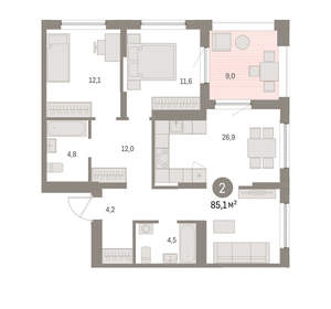 2-к квартира, вторичка, 85м2, 15/16 этаж