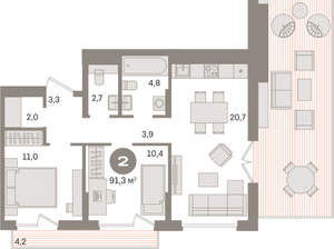 2-к квартира, вторичка, 91м2, 9/9 этаж