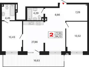 2-к квартира, вторичка, 94м2, 1/25 этаж