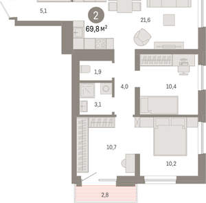 2-к квартира, вторичка, 70м2, 5/8 этаж