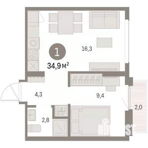 1-к квартира, вторичка, 35м2, 7/9 этаж