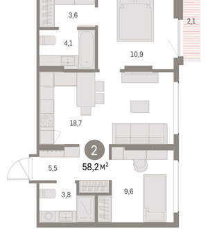2-к квартира, вторичка, 58м2, 4/9 этаж