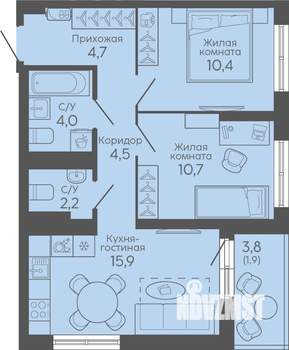 2-к квартира, вторичка, 55м2, 9/16 этаж