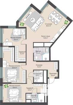 3-к квартира, строящийся дом, 129м2, 24/27 этаж