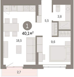 1-к квартира, вторичка, 40м2, 5/16 этаж
