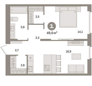 1-к квартира, вторичка, 49м2, 15/16 этаж