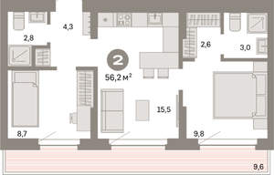 2-к квартира, вторичка, 56м2, 8/16 этаж