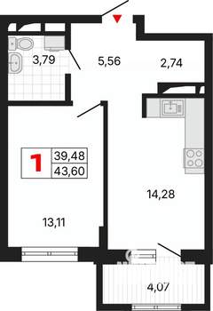 1-к квартира, вторичка, 44м2, 13/25 этаж