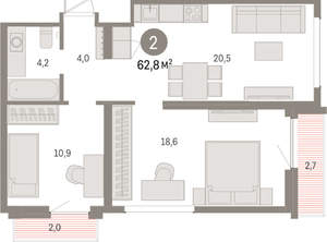 2-к квартира, вторичка, 63м2, 4/9 этаж