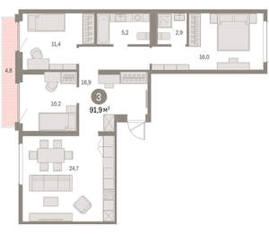 3-к квартира, вторичка, 92м2, 3/9 этаж
