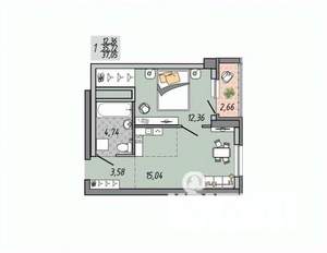 1-к квартира, строящийся дом, 37м2, 31/31 этаж