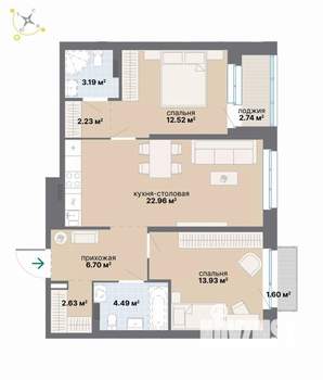 2-к квартира, вторичка, 73м2, 3/9 этаж