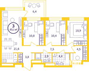 3-к квартира, сданный дом, 79м2, 1/22 этаж