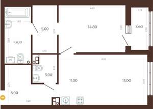 2-к квартира, строящийся дом, 59м2, 1/8 этаж