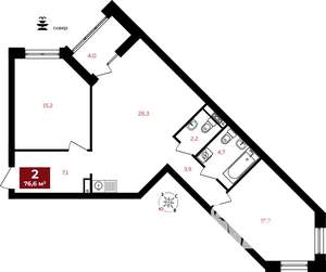 2-к квартира, строящийся дом, 77м2, 8/32 этаж