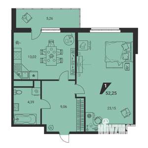 1-к квартира, вторичка, 52м2, 13/25 этаж