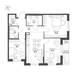 3-к квартира, строящийся дом, 73м2, 4/16 этаж
