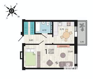 1-к квартира, сданный дом, 45м2, 8/9 этаж