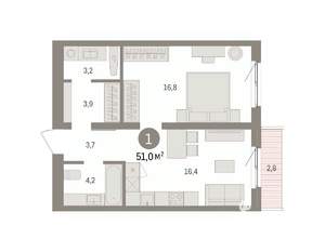 1-к квартира, вторичка, 51м2, 2/9 этаж