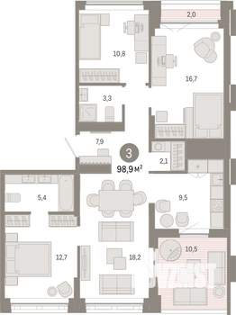 3-к квартира, вторичка, 99м2, 9/16 этаж