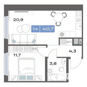 1-к квартира, строящийся дом, 41м2, 3/17 этаж