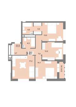 3-к квартира, строящийся дом, 80м2, 17/23 этаж