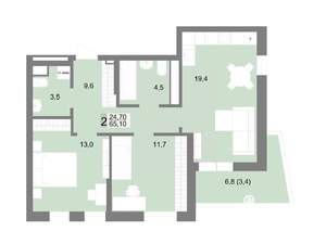 2-к квартира, строящийся дом, 65м2, 20/25 этаж