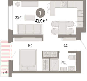 1-к квартира, вторичка, 42м2, 7/9 этаж
