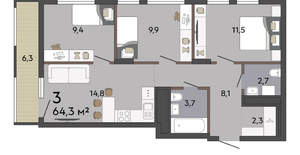 3-к квартира, вторичка, 64м2, 3/19 этаж