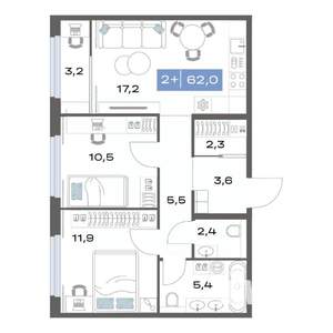 2-к квартира, строящийся дом, 62м2, 11/17 этаж
