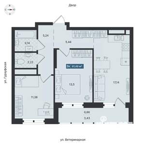 2-к квартира, строящийся дом, 61м2, 8/24 этаж
