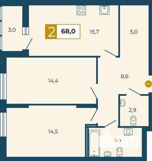 2-к квартира, строящийся дом, 68м2, 13/18 этаж