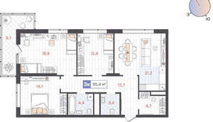 3-к квартира, вторичка, 95м2, 16/31 этаж