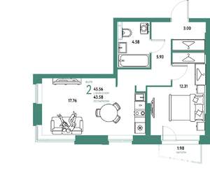 2-к квартира, вторичка, 46м2, 6/20 этаж