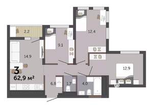 3-к квартира, вторичка, 63м2, 6/19 этаж