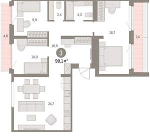 3-к квартира, вторичка, 99м2, 8/9 этаж