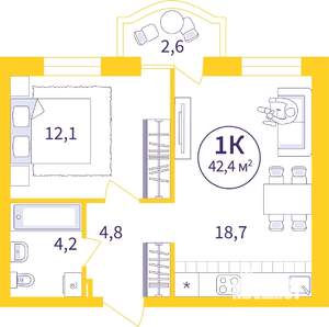 1-к квартира, сданный дом, 41м2, 4/8 этаж