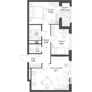 2-к квартира, строящийся дом, 63м2, 11/16 этаж