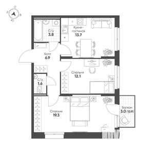 2-к квартира, строящийся дом, 58м2, 3/16 этаж